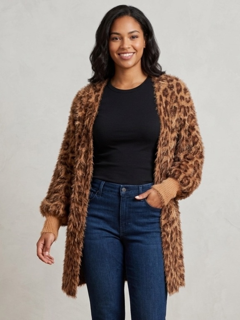 Farm Rio Sz S Fuzzy Soft Leopard Print Open Front Cardigan Sweater